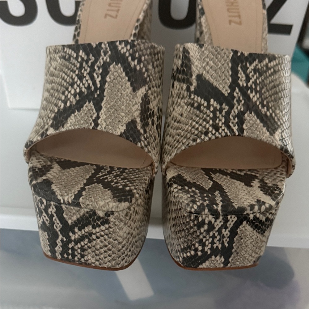 SCHUTZ Black and Cream Snake Print Platform Shoes - Picture 4 of 8